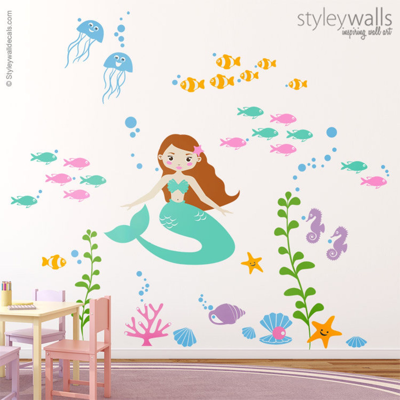 Mermaid Wall Decal Mermaid Nursery Stickers Underwater Wall Etsy