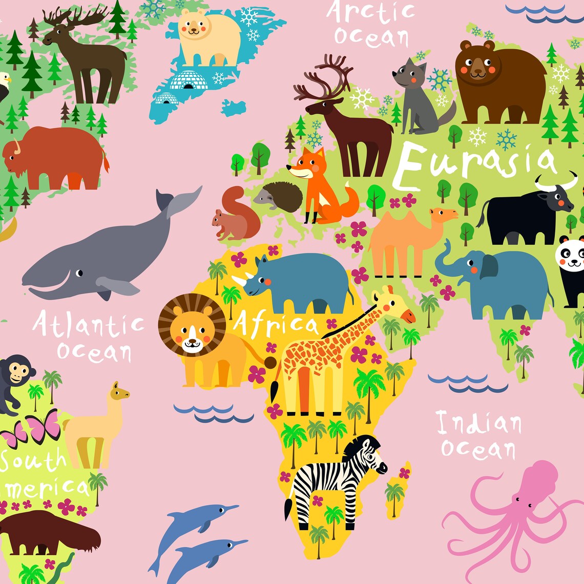 World Map Wall Decal World Map Wall Sticker Jungle Animals Etsy