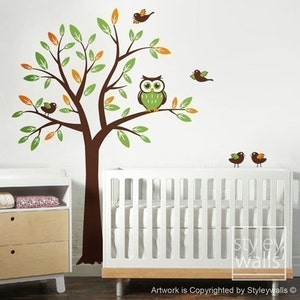 Calcomanía de pared con árbol de búhos, calcomanía de pared con árbol con búhos y pájaros, calcomanía de pared con árbol de búhos para decoración de pared de guardería, calcomanía de pared con árbol de búhos para habitación de niños, calcomanía de árbol de búhos