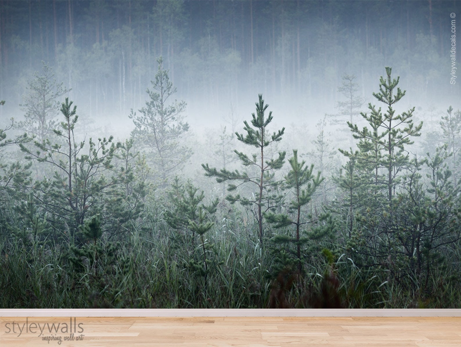 Pine Trees Mural Wallpaper Forest Trees Mural Winter Mural Etsy