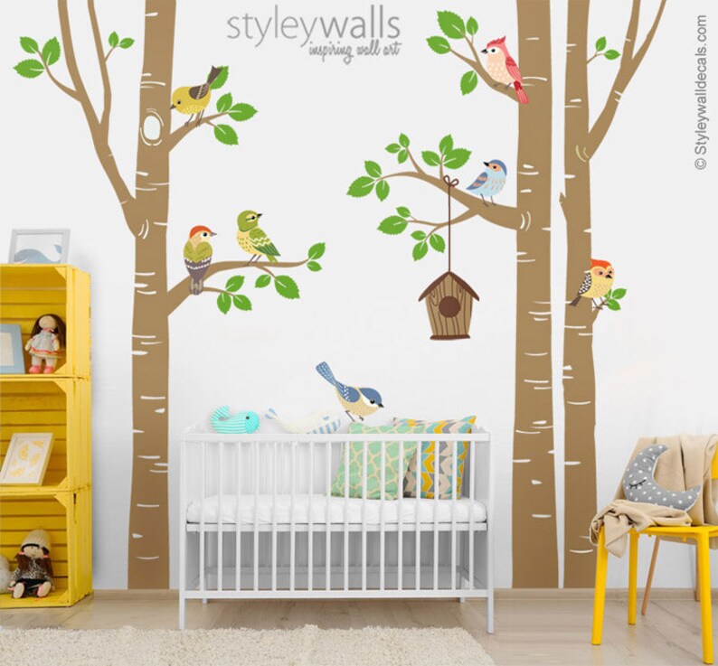 Birch Trees and Birds Wall Decal Forest Trees Birds Wall Etsy Israel