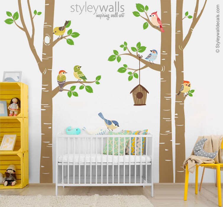 Birch Trees and Birds Wall Decal, Forest Trees Birds Wall Decal, Trees ...