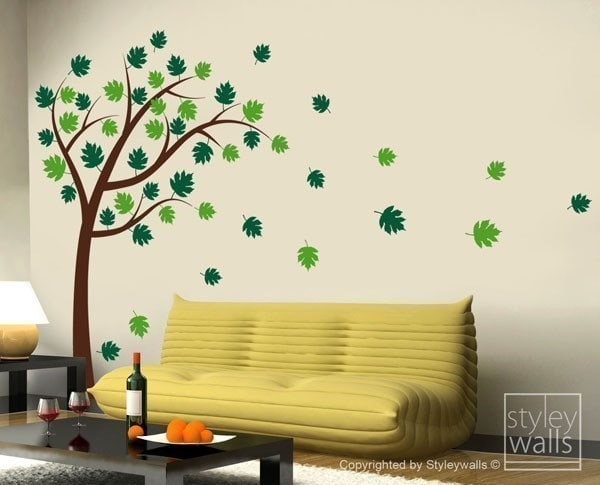 Tree and Leaves Wall Decal, Tree With Leaves Blowing in the Wind Vinyl ...