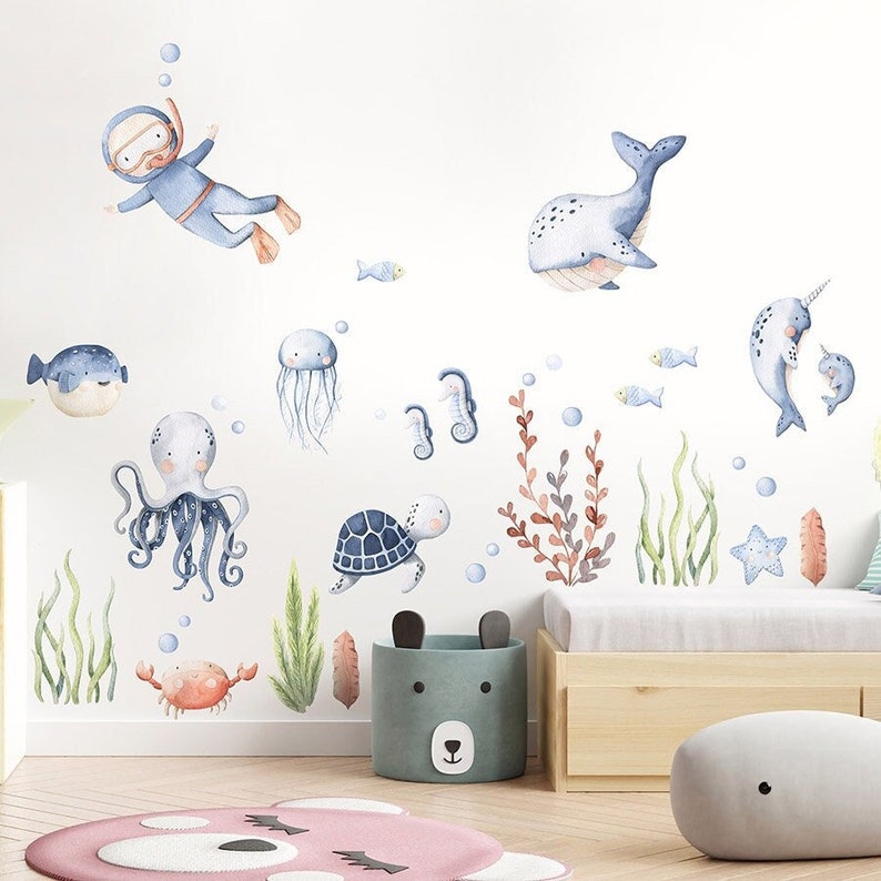 Under the Sea Wall Decal, Fishes Wall Decal, Watercolor Underwater Sticker, Sea Life Sea Creatures Wall Decal, Aquarium Nursery Sticker image 1