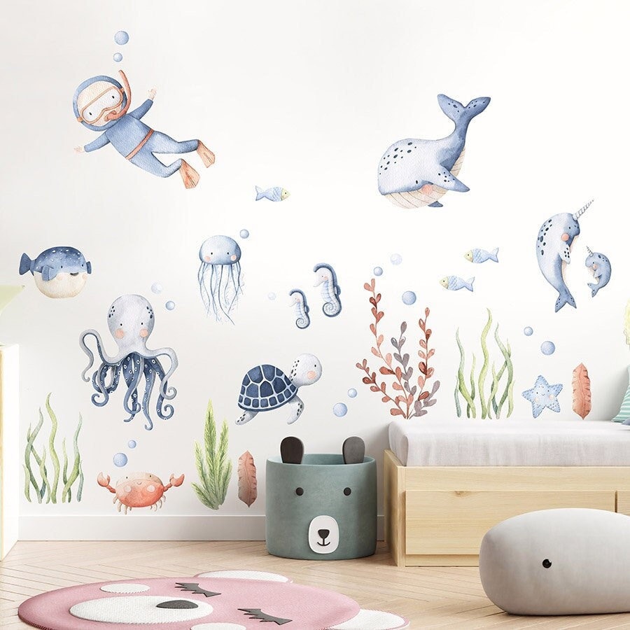 Under the Sea Wall Decal, Fishes Wall Decal, Watercolor Underwater Sticker, Sea Life Sea Creatures Wall Decal, Aquarium Nursery Sticker