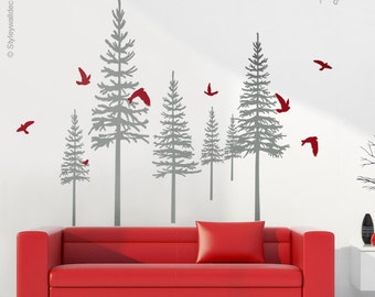 Pine Trees Wall Decal, Winter Trees Wall Decal, Forest Trees Wall Decal, Wall Sticker, Trees and Birds Wall Decal Living Room Decor