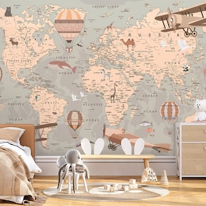 Vintage World Map Mural, Watercolor World Map Wallpaper, Word Map with Airballoons Wallpaper,  Kids Decor Mural, Fabric Peel and Stick