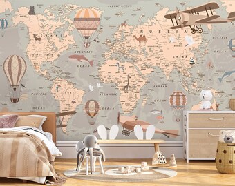 Vintage World Map Mural, Watercolor World Map Wallpaper, Word Map with Airballoons Wallpaper,  Kids Decor Mural, Fabric Peel and Stick