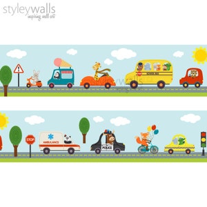 Vehicles Wall Border Decal, Transportation Vehicles Border Wall Decal, Repositionable Vehicles Animals Wall Border, Nursery Boys Room Decor
