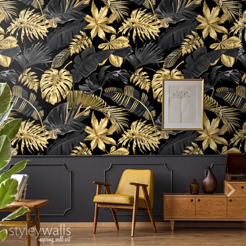 Gold Tropical Leaves Wallpaper Botanical Tropic Leaves Etsy