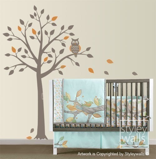 Children Wall Decal Owl Tree, Tree and Cute Owl Wall Decal Birds Wall ...
