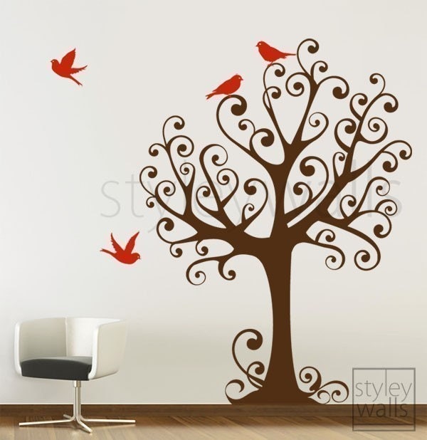 Ornamental Tree With Birds - Large - Vinyl Wall Decal - Etsy