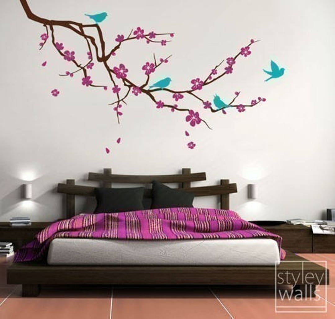 Stickers Muraux DECOWALL - Arbre Cerisier En Fleurs, Oiseaux & Blossom - Déco Chambre Enfant Bébé Nursery Salon