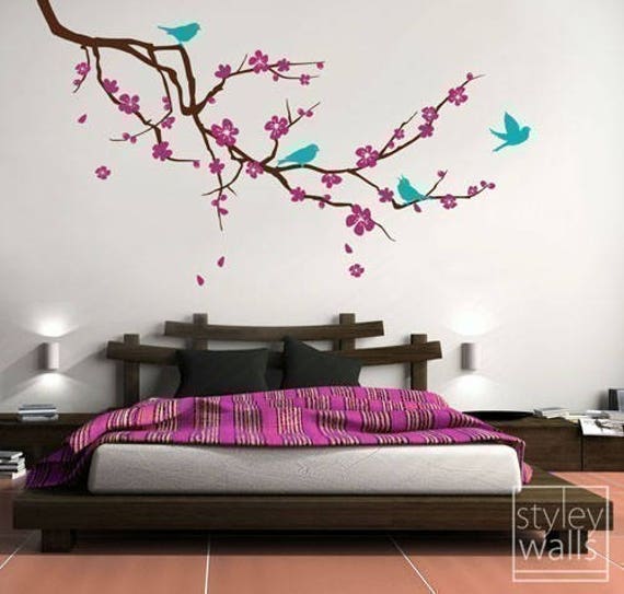 Décalcomanie murale branche de fleurs de cerisier et oiseaux, très grande  branche avec fleurs, sticker mural en vinyle pour chambre d'enfants,  décoration de chambre d'enfants -  France