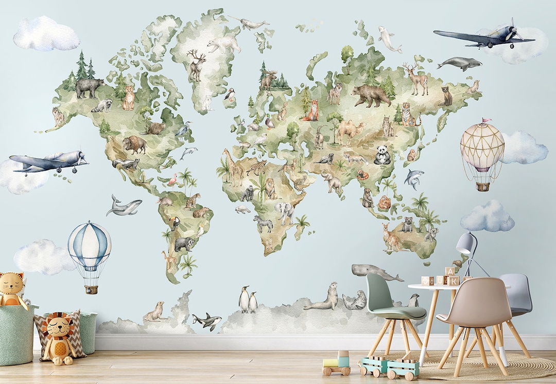 Kids World Map Wallpaper Watercolor World Map Wallpaper Etsy