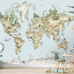 Kids World Map Wallpaper, Aquarelle World Map Wallpaper, World Map with Animals Mural Kids Nursery Decor Mural, Fabric Peel and Stick