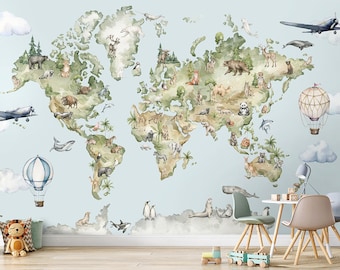 Kids World Map Wallpaper, Watercolor World Map Wallpaper,  World Map with Animals Mural Kids Nursery Decor Mural, Fabric Peel and Stick