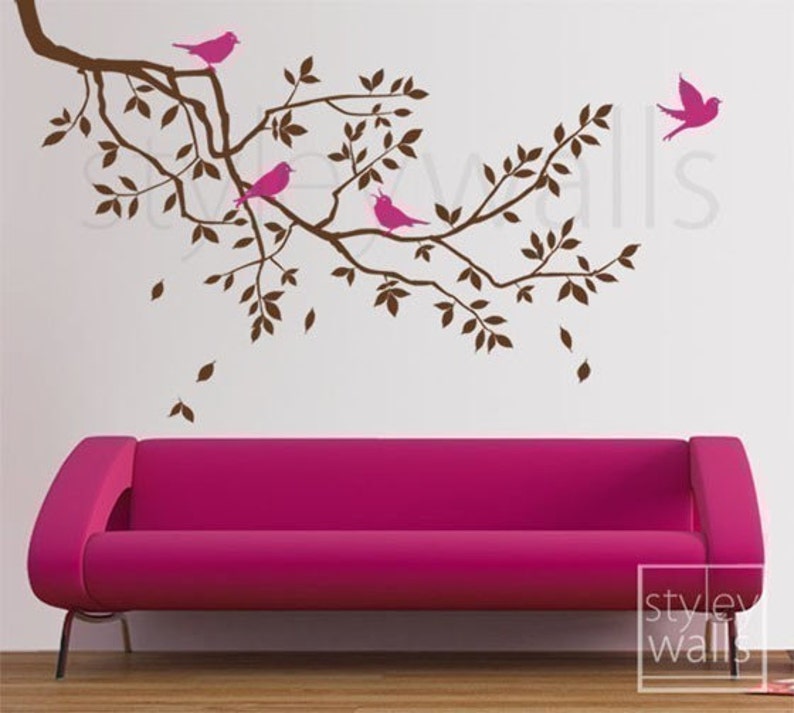 Branch Wall Decal, Branch and Birds Wall Decal, Branch with Birds Wall Sticker, Nursery Baby Room Wall Decal, Kids Children Room Decor image 1