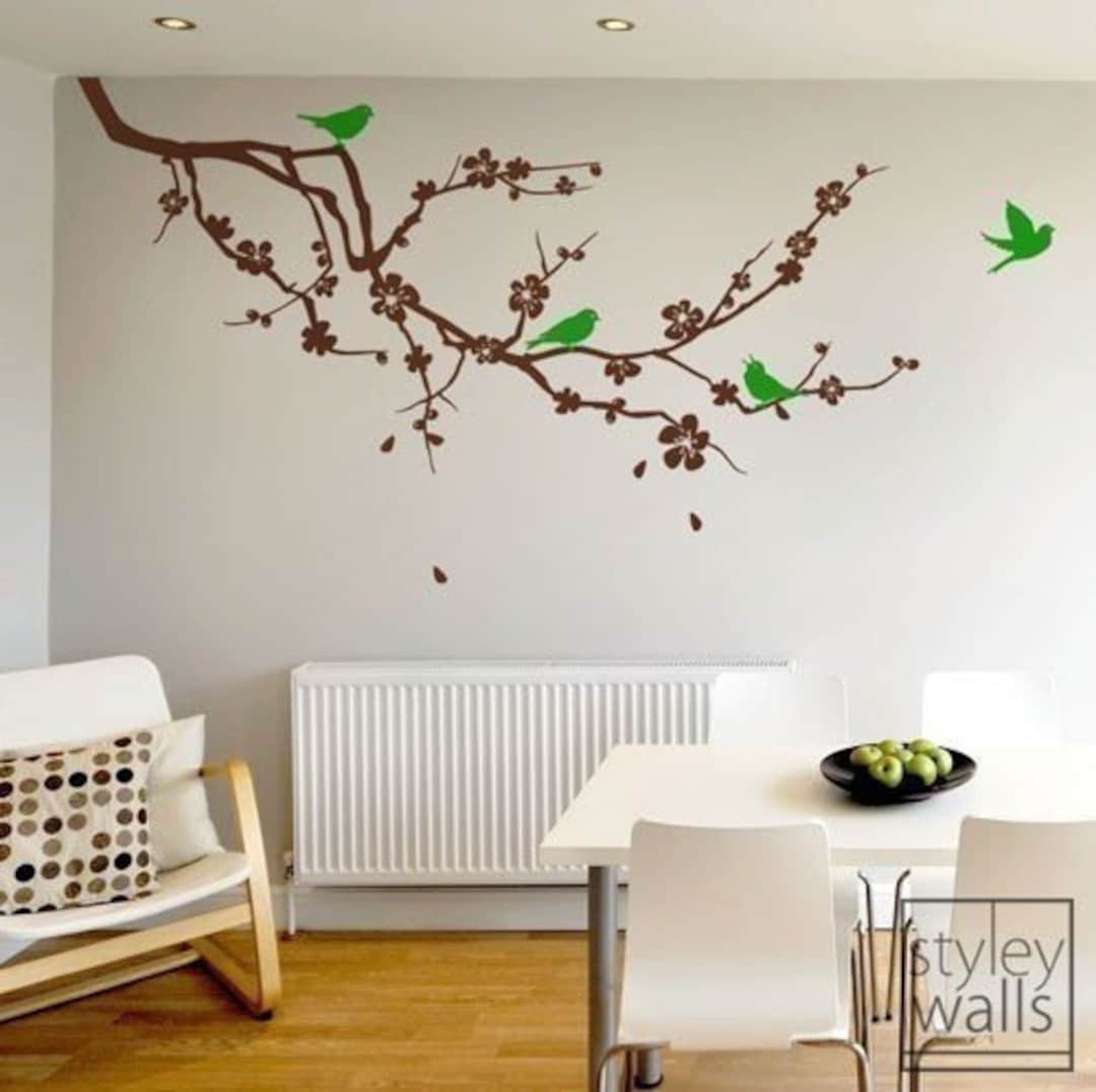 Adesivi murali grandi con alberi di ciliegio in fiore, decalcomanie murali floreali, decorazioni murali con rami e uccelli per soggiorno, camera da le | Leroy Merlin