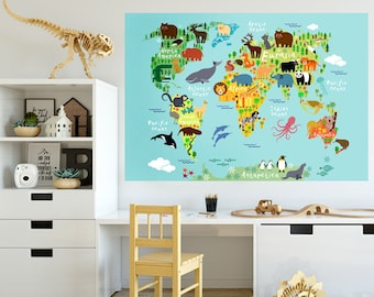 World Map Wall Decal, World Map Wall Sticker, Jungle Animals Themed World Map for Kids Room, Playroom World Map Wall Sticker, Peel and Stick