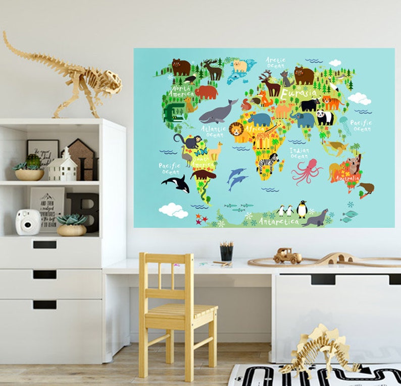 World Map Wall Decal World Map Wall Sticker Jungle Animals Etsy