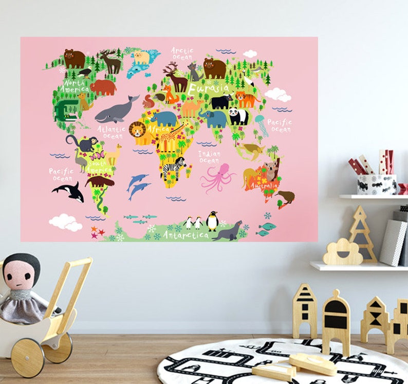 World Map Wall Decal World Map Wall Sticker Jungle Animals Etsy