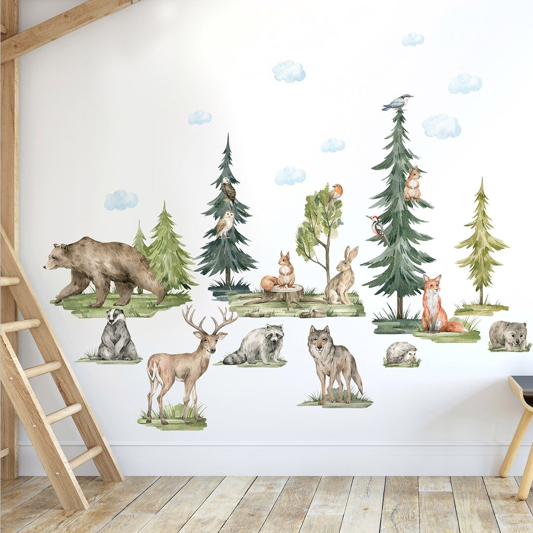 FOREST Animals Wall Decal, Woodland Animals Wall Decal, Watercolor Pine ...