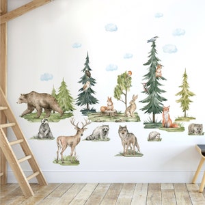 FOREST Animals Wall decal, Woodland Animals Wall Decal, Watercolor Pine Trees Wall Decal, Forest Trees Sticker, Children Room Wall Sticker