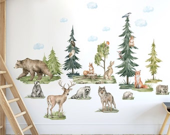 FOREST Animals Wall decal, Woodland Animals Wall Decal, Watercolor Pine Trees Wall Decal, Forest Trees Sticker, Children Room Wall Sticker