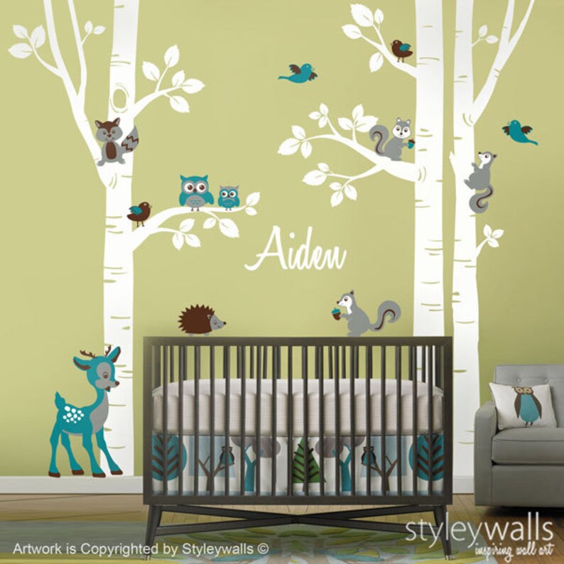 Forest Animals Birch Trees Wall Decal for Nursery Woodland Etsy