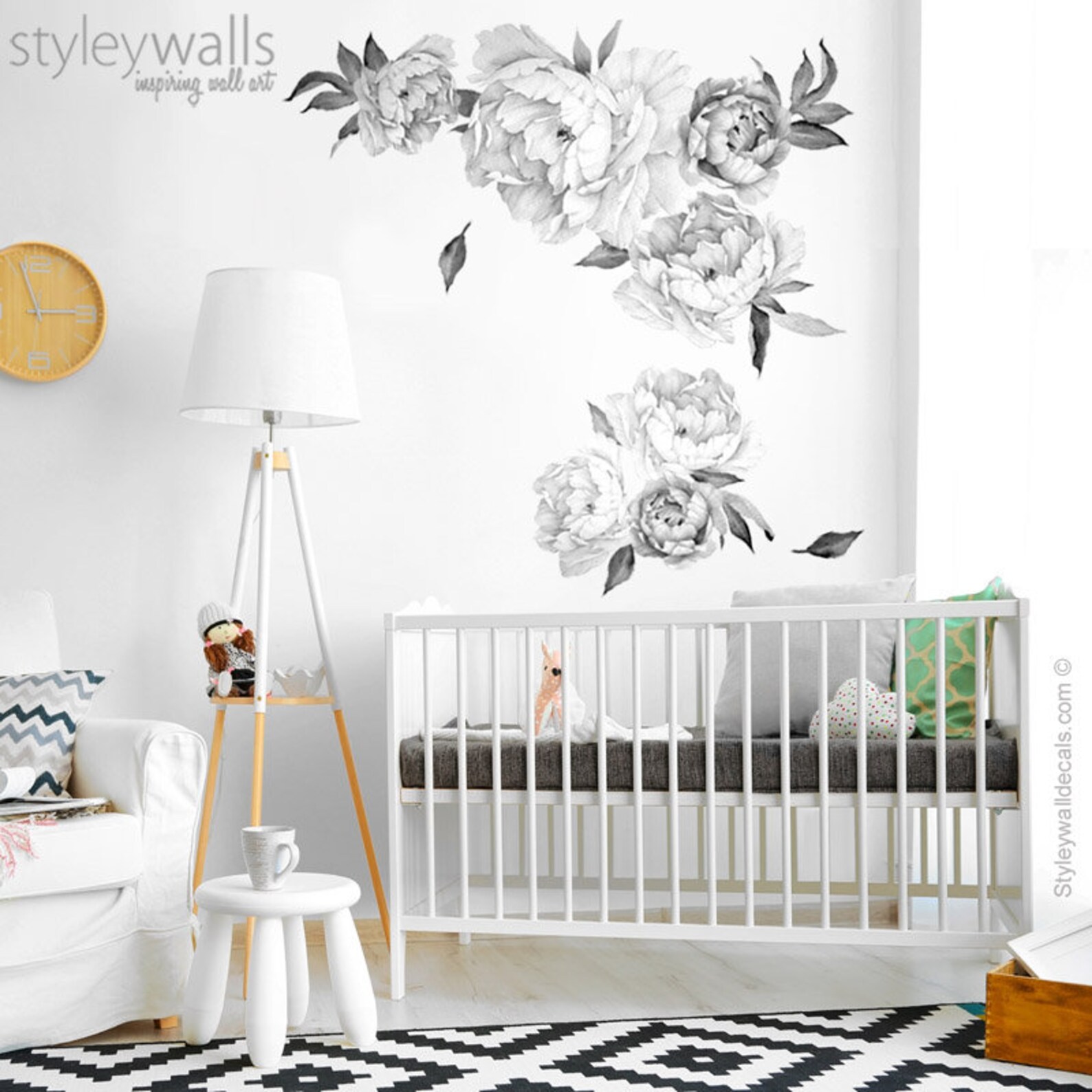 Peony Flowers Wall Decal Black and White Watercolor Peonies Etsy