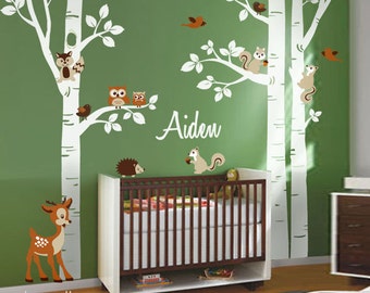 Forest Animals Birch Trees Wall Decal for Nursery, Woodland Animals Wall Decal, Forest Animals Wall Decal, Baby Room Sticker, Owl Deer Decal