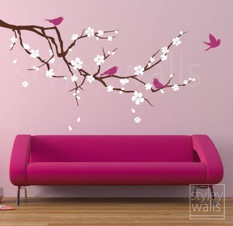 Cherry Blossom Branch Wall Decal, Branch and Flowers Wall Decal, Cherry Branch Wall Decal, Cherry Tree Wall Decal Sticker for Baby Nursery image 1