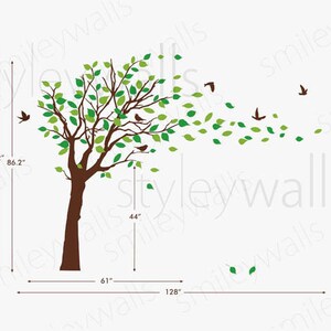 Tree Decal Wall Sticker Tree With Birds and Leaves Blowing in the Wind ...