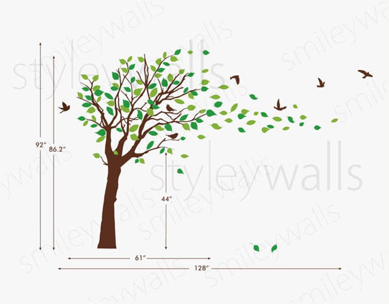 Tree Decal Wall Sticker Tree With Birds and Leaves Blowing in the Wind ...