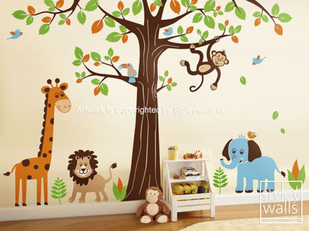 Jungle Wall Decal Safari Animals Wall Decal HUGE Set Tree Wall Decal ...