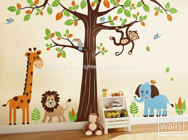 Jungle Wall Decal Safari Animals Wall Decal HUGE Set Tree Wall Decal Lion Elephant Monkey Giraffe Nursery Kids Decal Sticker Baby Room Art image 1
