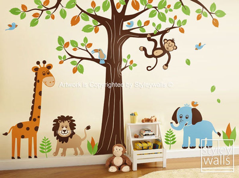 Jungle Wall Decal Safari Animals Wall Decal HUGE Set Tree Wall Decal Lion Elephant Monkey Giraffe Nursery Kids Decal Sticker Baby Room Art