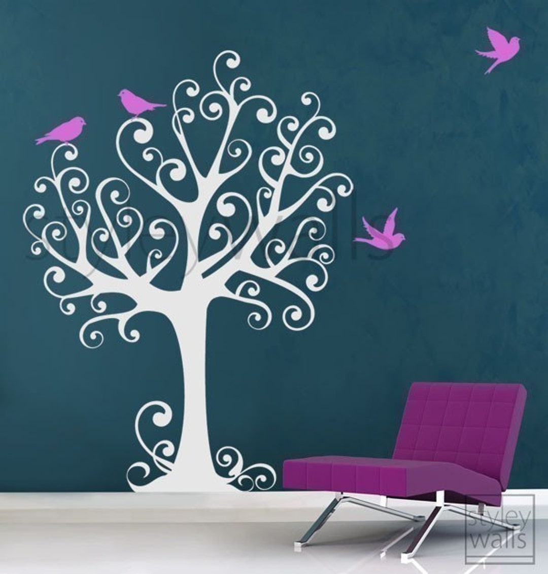 Ornamental Tree With Birds - Large - Vinyl Wall Decal - Etsy