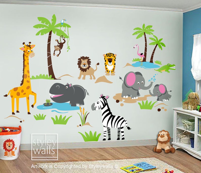 Safari Jungle Animals HUGE Wall Decal Set Monkey Giraffe Elephant Lion Zebra Tiger Crocodile Hippo Nursery Kids Playroom Room Sticker Art image 2