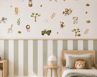 Safari Nursery Wall Decor Bundle, Peel & Stick Wall Stripes, Chair Rail Molding, Safari Wall Decals, DIY Kids Room Accent Wall Kit