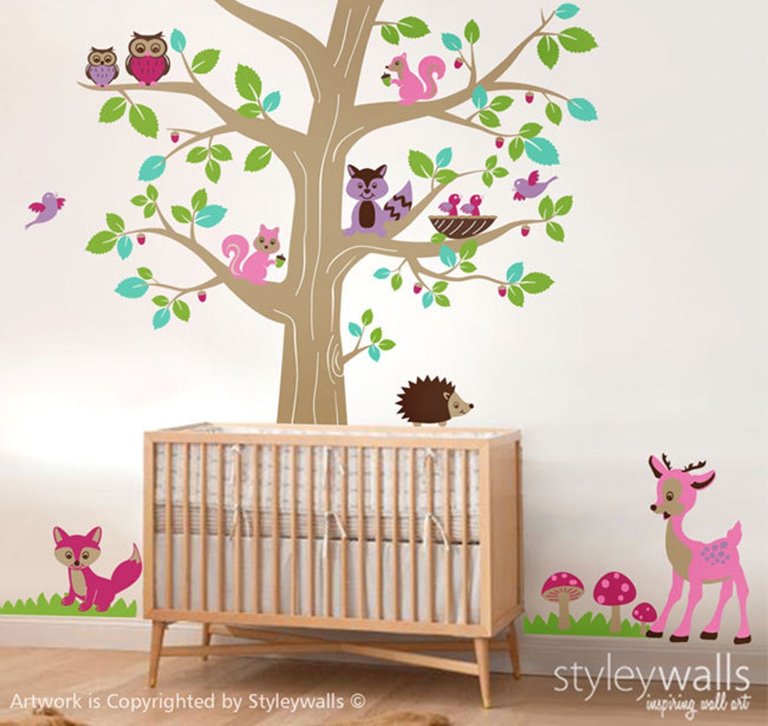 Woodland Animals and Tree Wall Decal, Forest Animals Tree Wall Decal ...