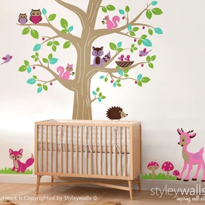 Woodland Animals and Tree Wall Decal, Forest Animals Tree Wall Decal, Deer Bambi Owls Hedgehog Squirrels Fox Wall Decal Nursery Baby Room image 1