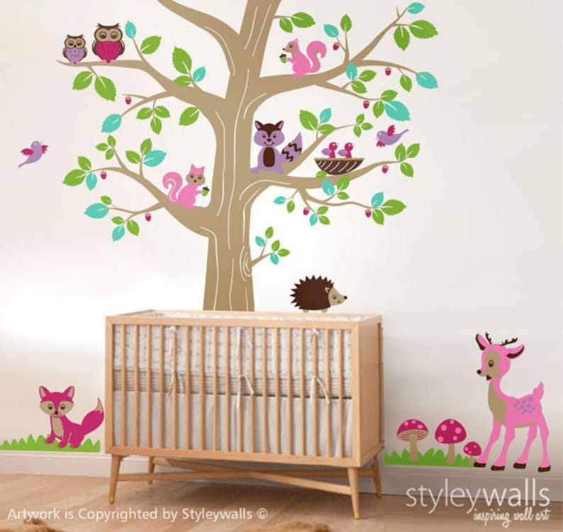 Woodland Animals and Tree Wall Decal, Forest Animals Tree Wall Decal, Deer Bambi Owls Hedgehog Squirrels Fox Wall Decal Nursery Baby Room image 1