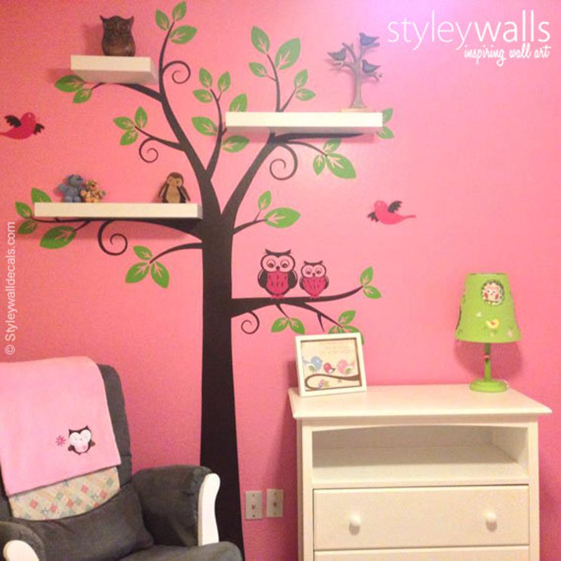 Owls Tree Wall Decal Shelves Tree Wall Decal Nursery Decal Etsy