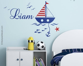 Nautical Wall Decal, Sailor Wall Decal, Sailboat Wall Decal Room Decor, Sailor Boat Personalized Name Decal, Nautical Nursery Wall Decal