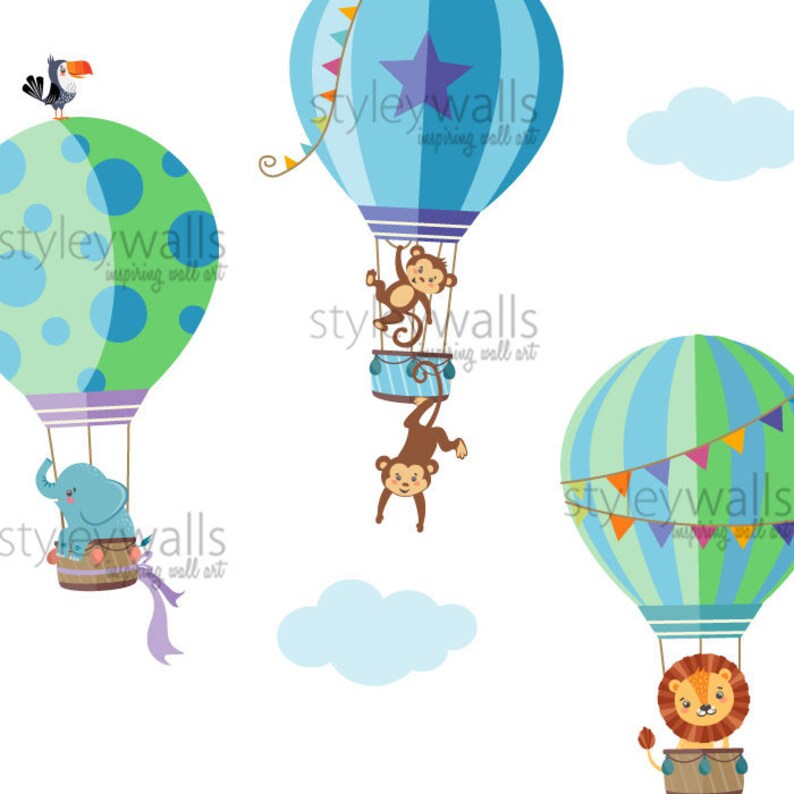 Hot Air Balloons Wall Decal Jungle Animals Wall Decal Hot Etsy