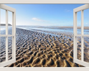 Beach Wall Decal, 3d Window Wall Decal,Sand Wind Waves Window Frame Wall Decal, Sea Window View Wall Mural, Living Room Home Wall Decor