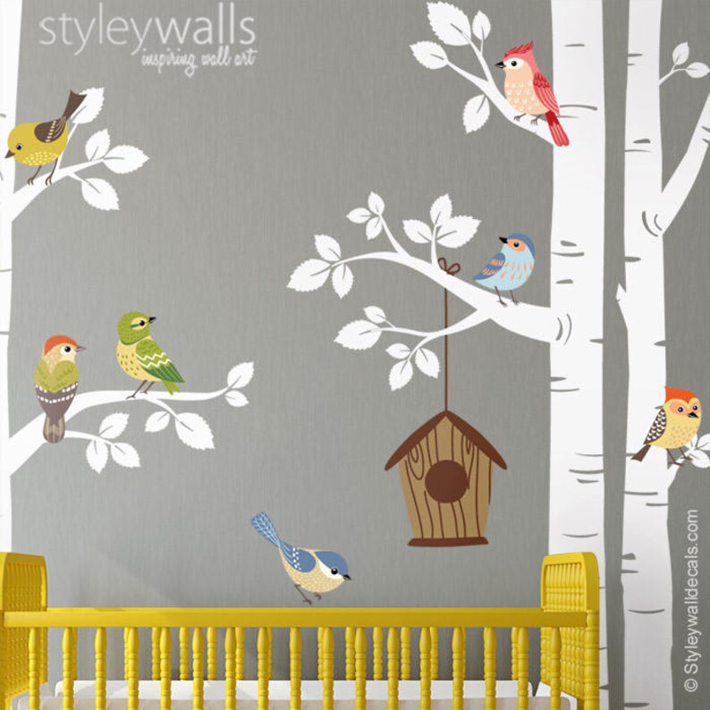 Birch Trees and Birds Wall Decal Forest Trees Birds Wall Etsy Israel