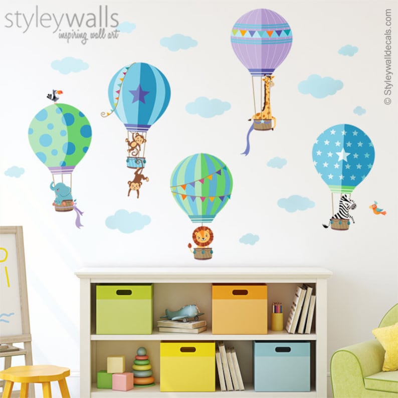 Hot Air Balloons Wall Decal Jungle Animals Wall Decal Hot Etsy